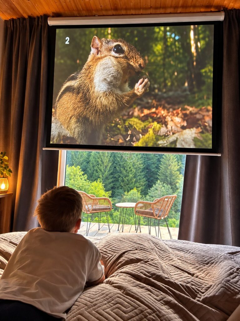 Projektor s filmami v interiéri Domčeka Lazy, večerné kino pre deti