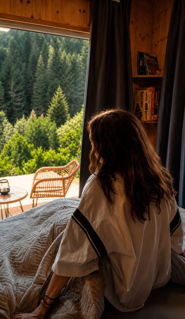 Výhľad z postele cez presklenú stenu na ihličnatý les – Domček Lazy